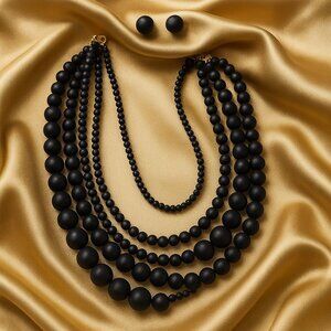 Matte Black Beaded Necklace & Earrings Layered Statement Jewelry w/ Gold Accents